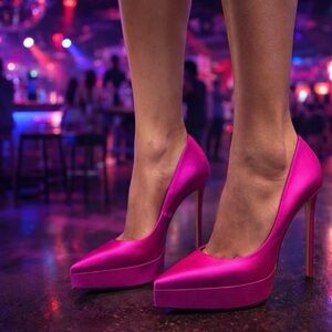 Le Silla Hot Pink Satin Platform Stiletto Point Toe Pumps Italian Sz 38 US Sz7